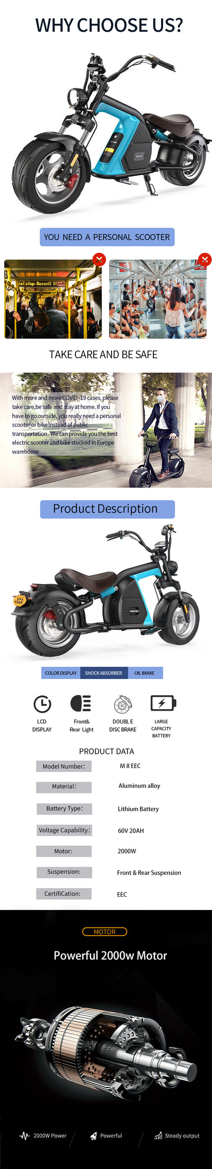 EEC COCElectric scooter 2000W fat Wheel Citycoco （M8）